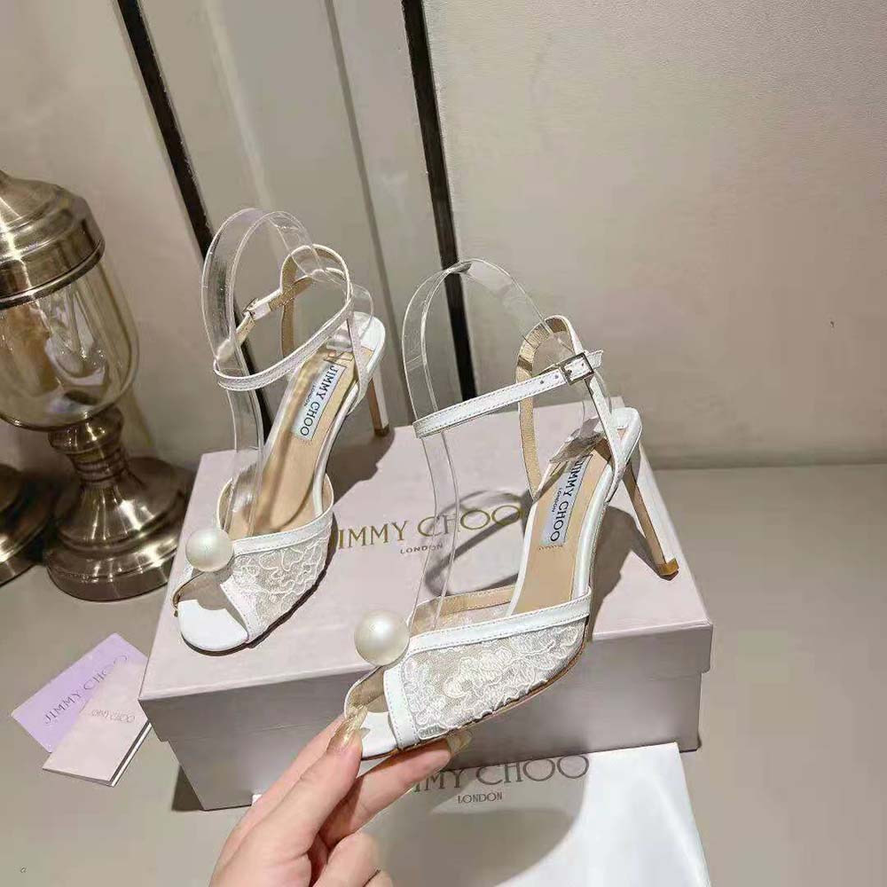 Jimmy Choo Women Sacora 85 Ivory Floral Lace Sandals with Pearl Detail - image 6