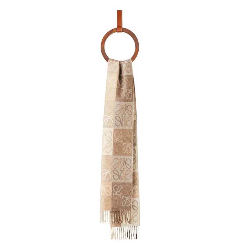 Front view of Loewe Unisex Scarf in Wool and Cashmere-Beige draped neatly