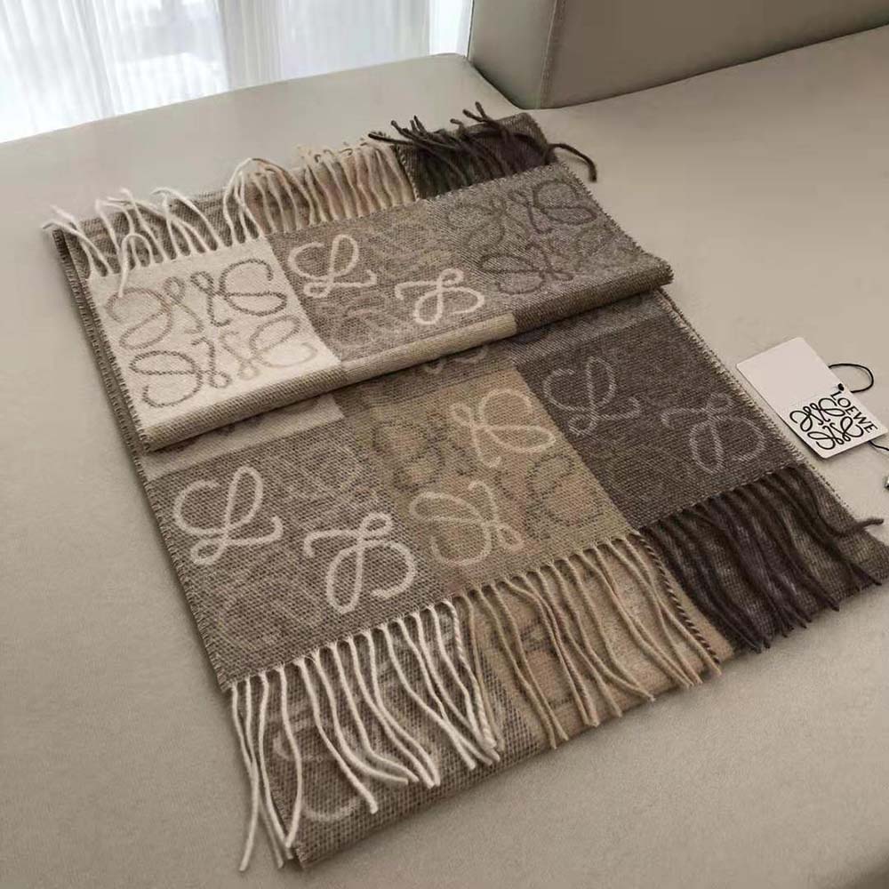 Loewe logo detail woven subtly on beige wool and cashmere scarf
