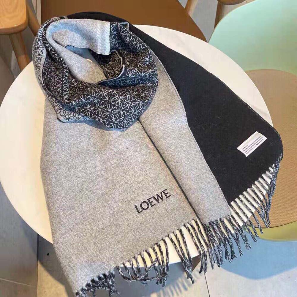 Close-up of embroidered logo on Loewe Unisex Scarf in Wool and Cashmere-Black