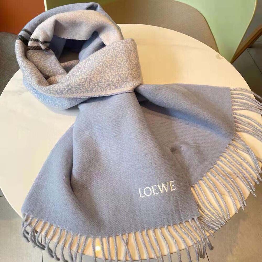 Full view of Loewe Unisex Scarf in Wool and Cashmere-Blue draped