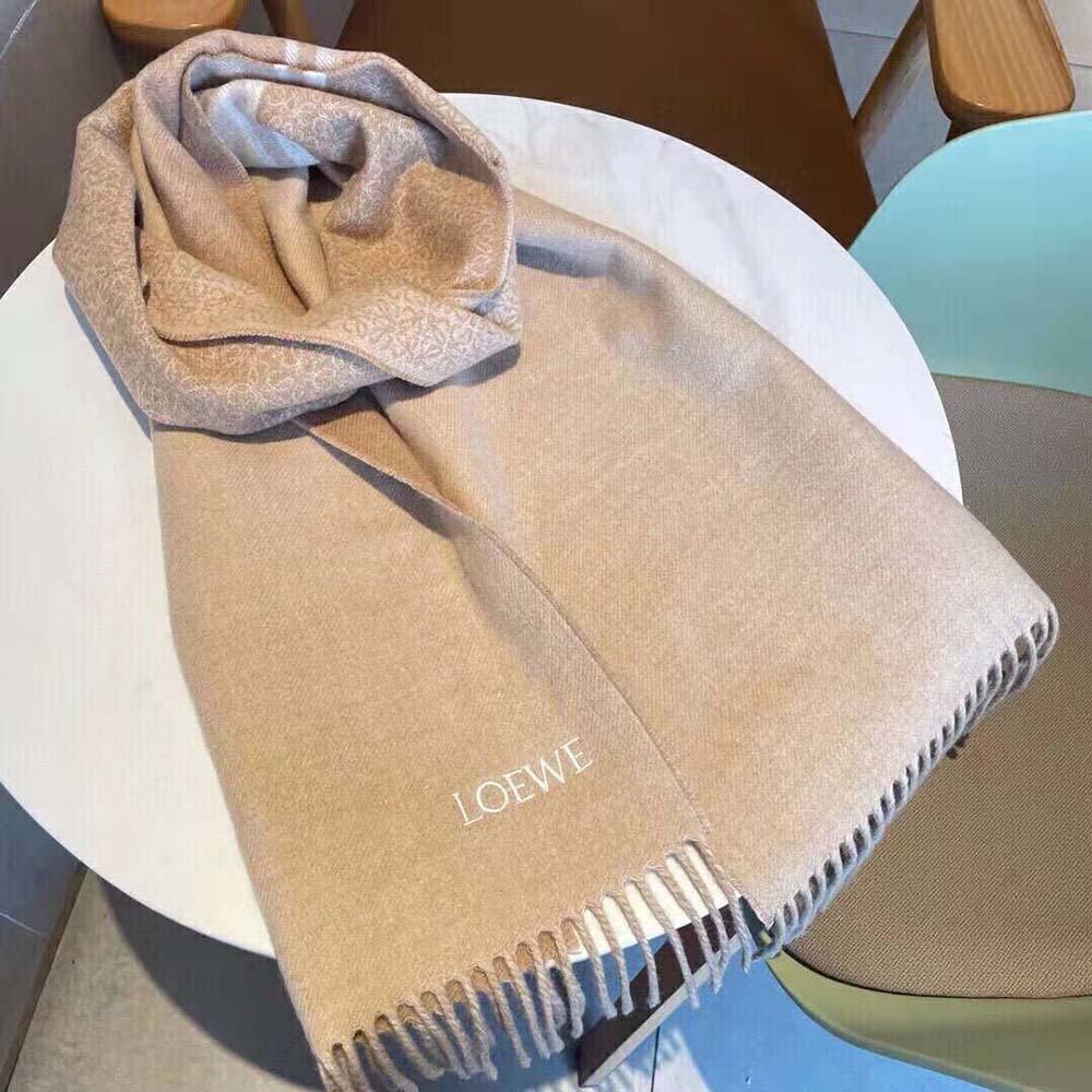Detailed shot of Loewe embossed tag on scarf’s edge in brown