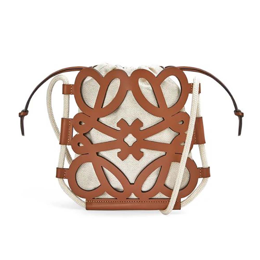 Front view of Loewe Women Anagram Cut-out Crossbody in brown calfskin and canvas