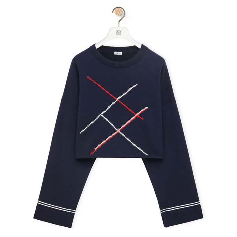 Front view of Loewe Women Cropped Argyle Sweater in Wool-Navy