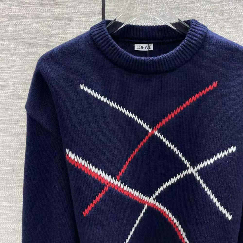 Loewe Women Cropped Argyle Sweater in Wool-Navy - image 5