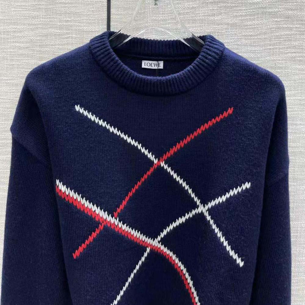 Loewe Women Cropped Argyle Sweater in Wool-Navy - image 4