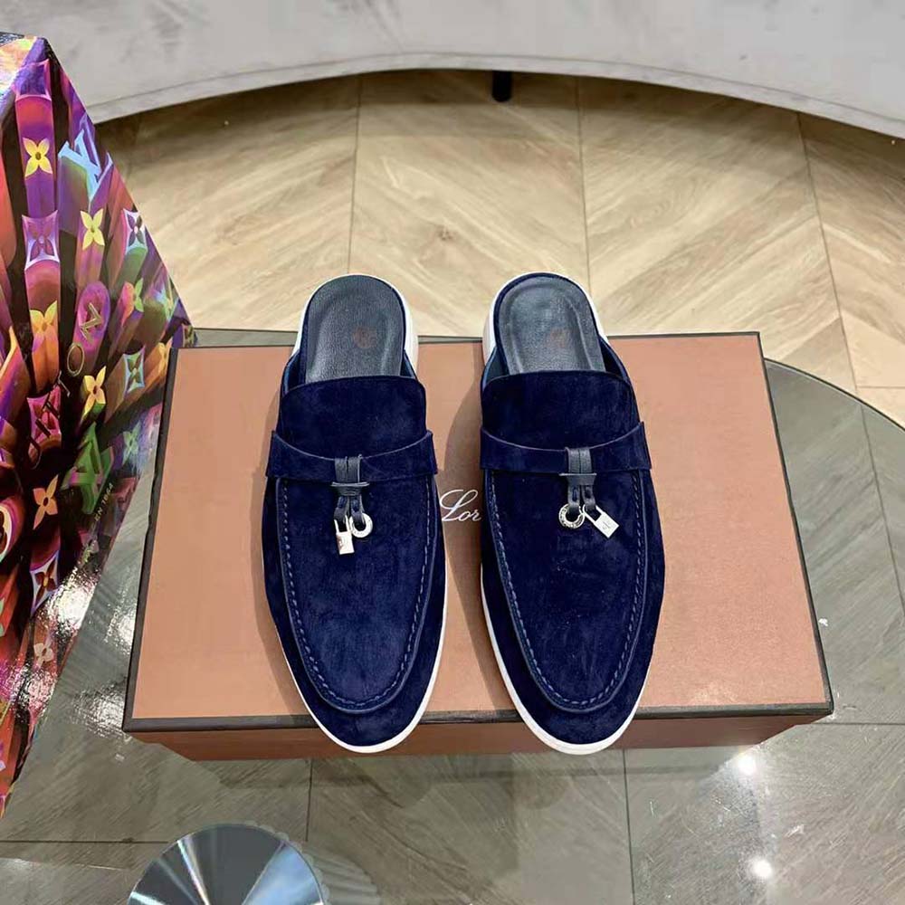 Top-down view of Loro Piana Unisex Babouche Charms Walk Loafers-Navy slip-on style
