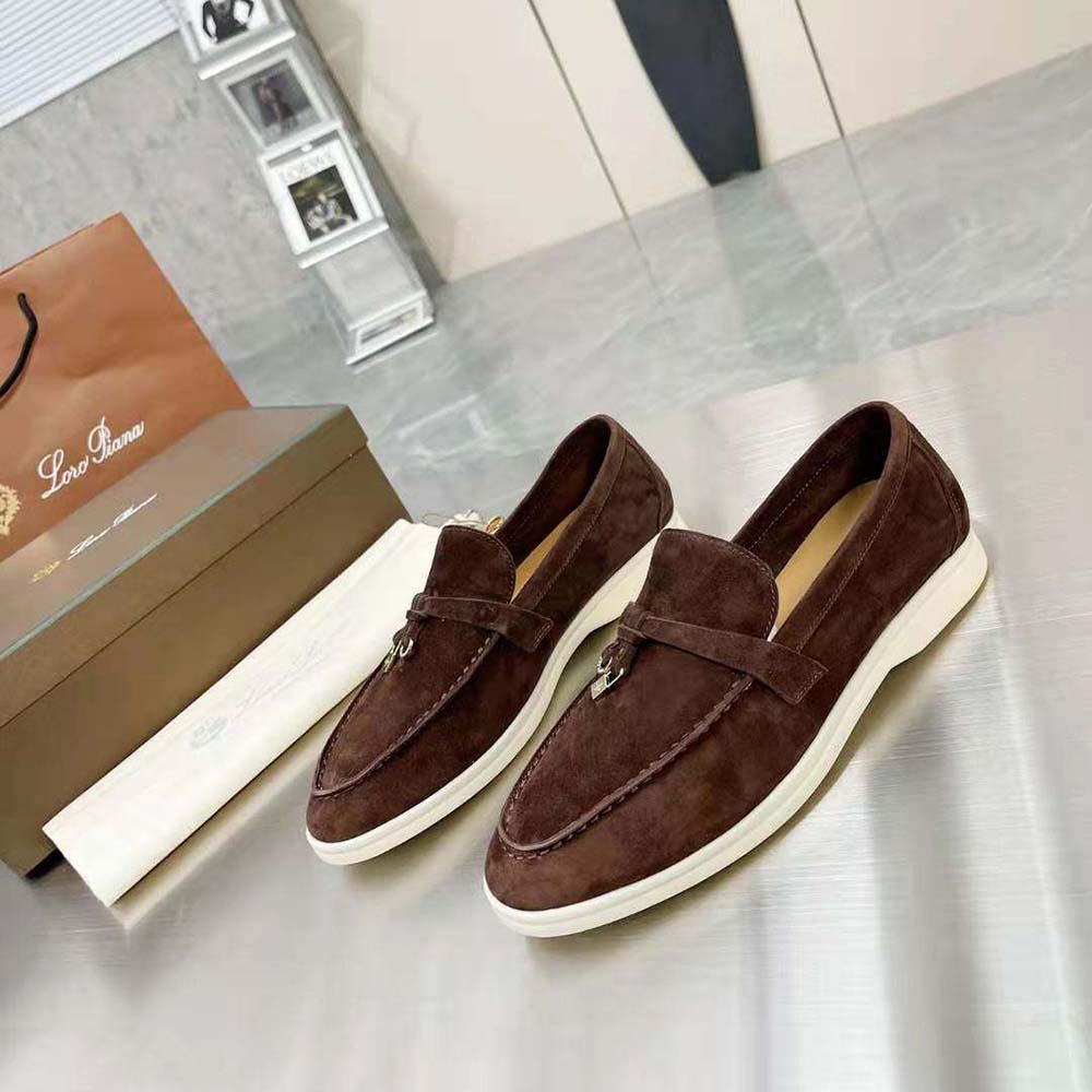 Top angle of brown suede Loro Piana Unisex Summer Charms Walk Loafers