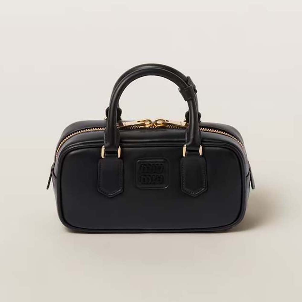 Front angle of Miu Miu Women Arcadie Leather Bag with Metal Lettering Logo-Black