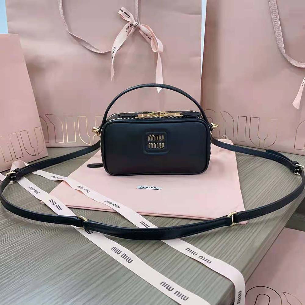 Miu Miu Women Arcadie Leather Bag with Metal Lettering Logo-Black - image 4