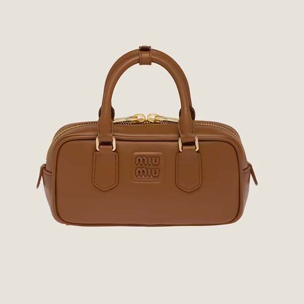 Front view of Miu Miu Women Arcadie Leather Bag with Metal Lettering Logo-Brown