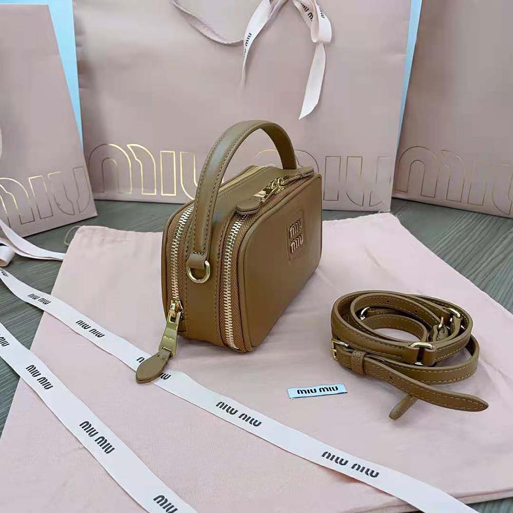 Miu Miu Women Arcadie Leather Bag with Metal Lettering Logo-Brown - image 6