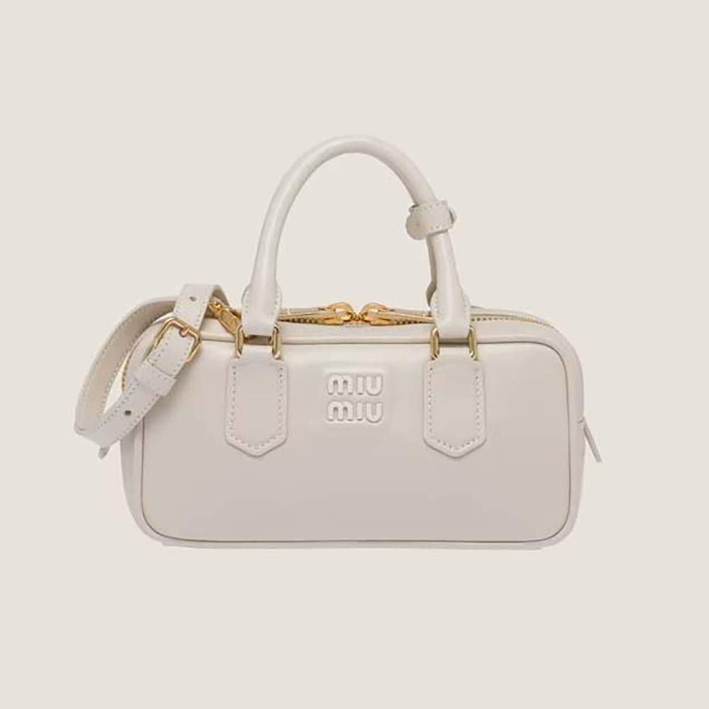 Front view of Miu Miu Women Arcadie Leather Bag with metal logo