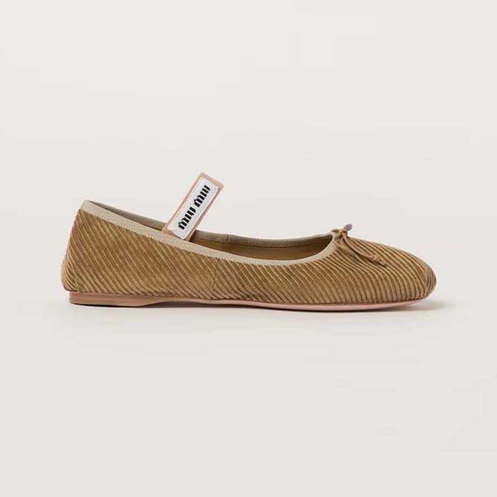 Side profile of Miu Miu Women Corduroy Ballerinas with Knit Logo in brown