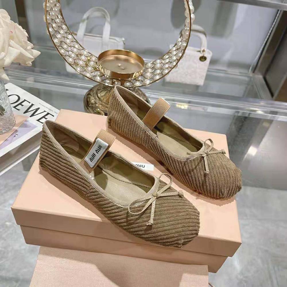 Top view showing elasticized trim on Miu Miu Women Corduroy Ballerinas