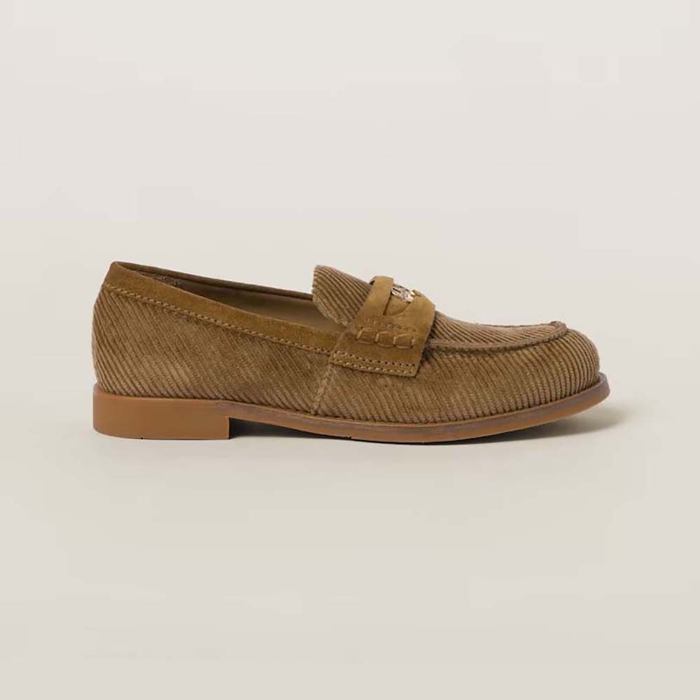 Side profile of Miu Miu Women Corduroy Loafers with Screen-printed Logo in brown