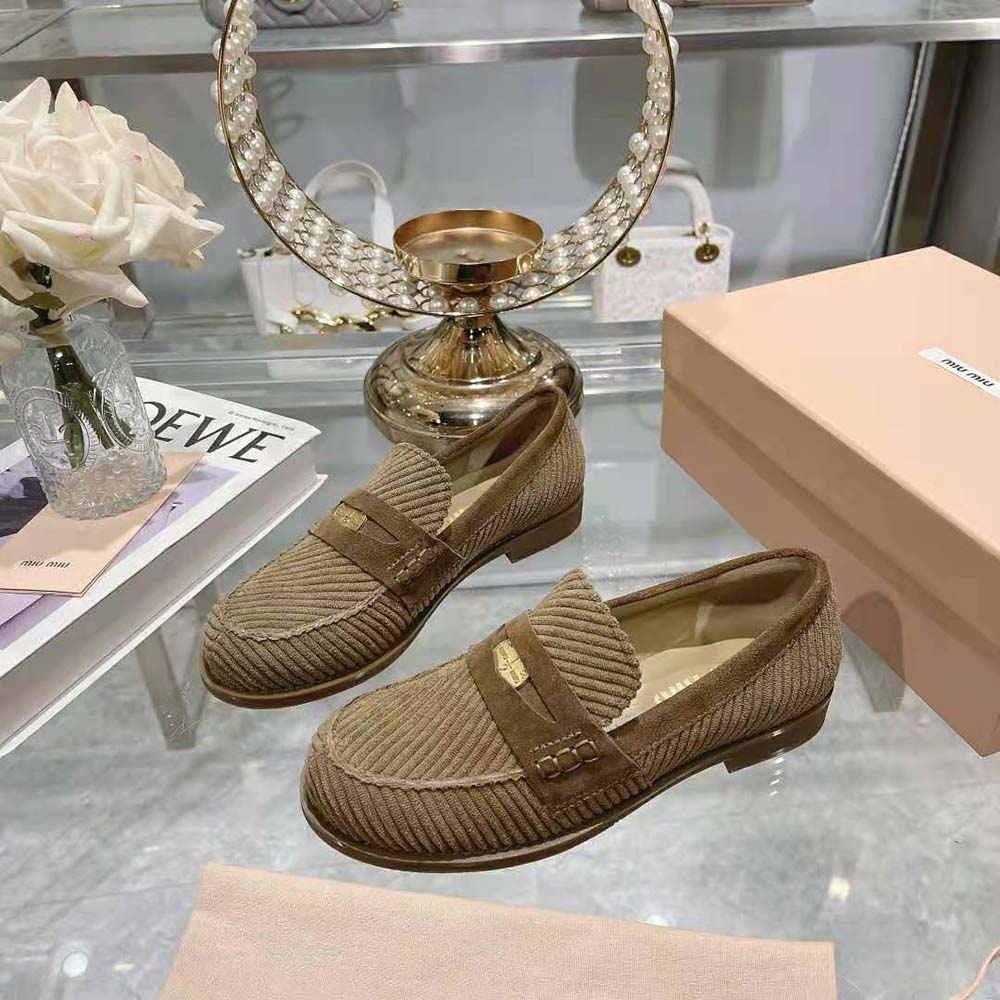 Top view of brown corduroy texture on Miu Miu Women Corduroy Loafers