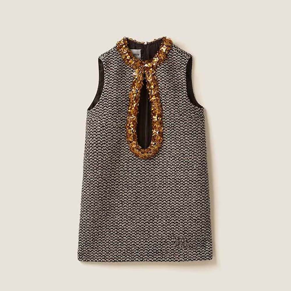 Front view of Miu Miu Women Embroidered Bouclé Mini-dress with logo detail