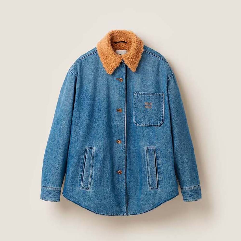 Front view of Miu Miu Women Embroidered Denim Blouson Jacket with embroidered logo