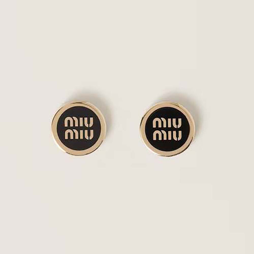 Front view of Miu Miu Women Enameled Metal Earrings in black enamel