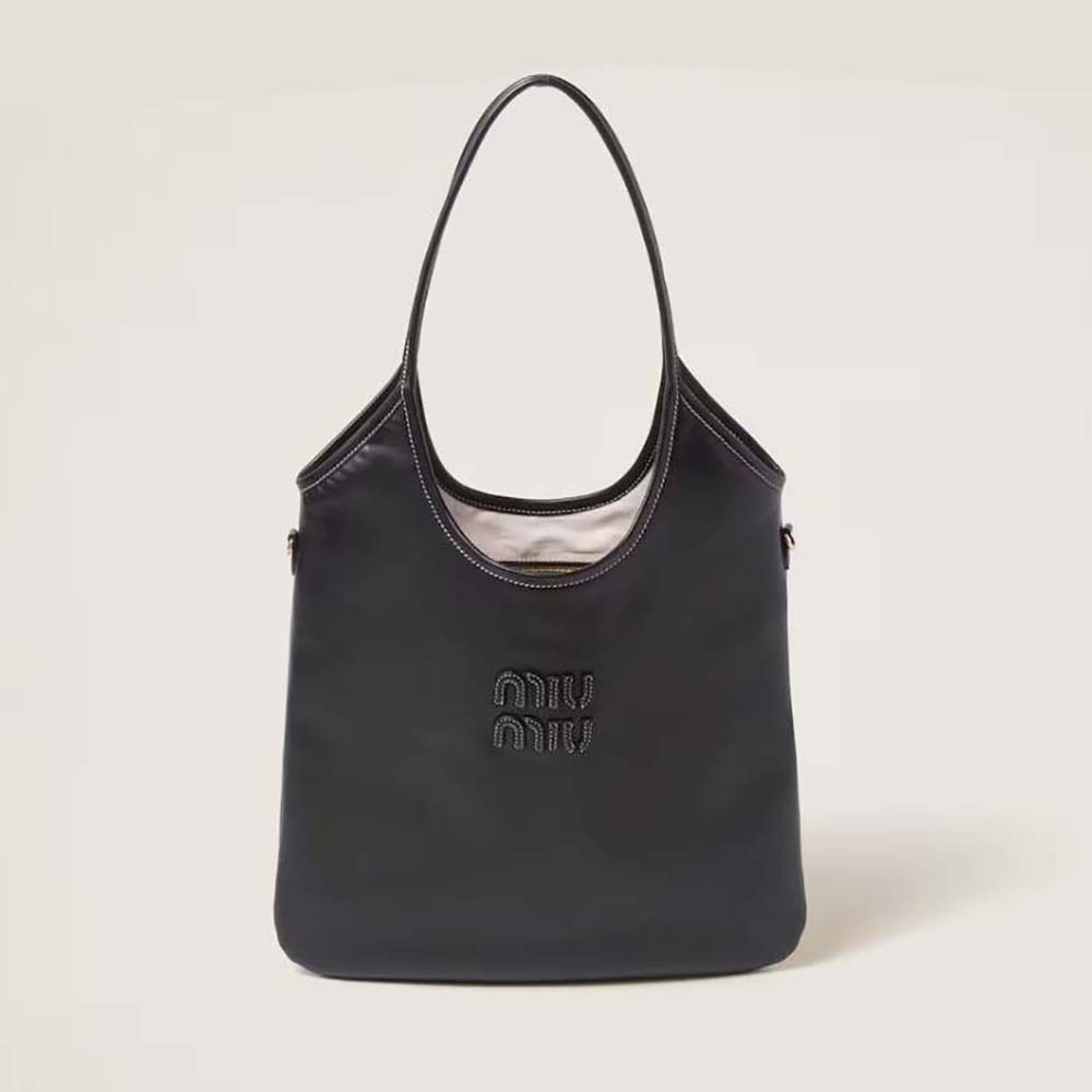 Front angle of Miu Miu Women IVY Leather Bag with logo in black