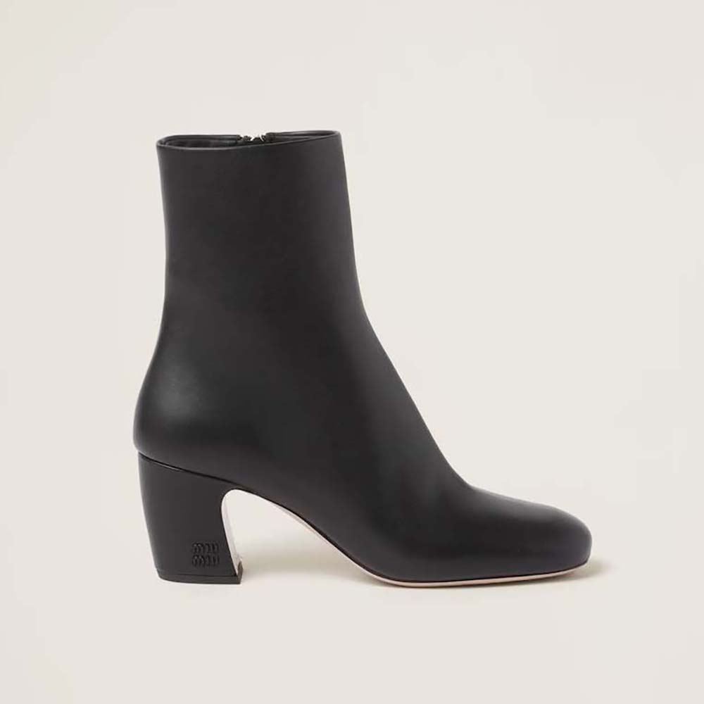Side profile of Miu Miu Women Leather Booties with Metal Lettering Logo-Black