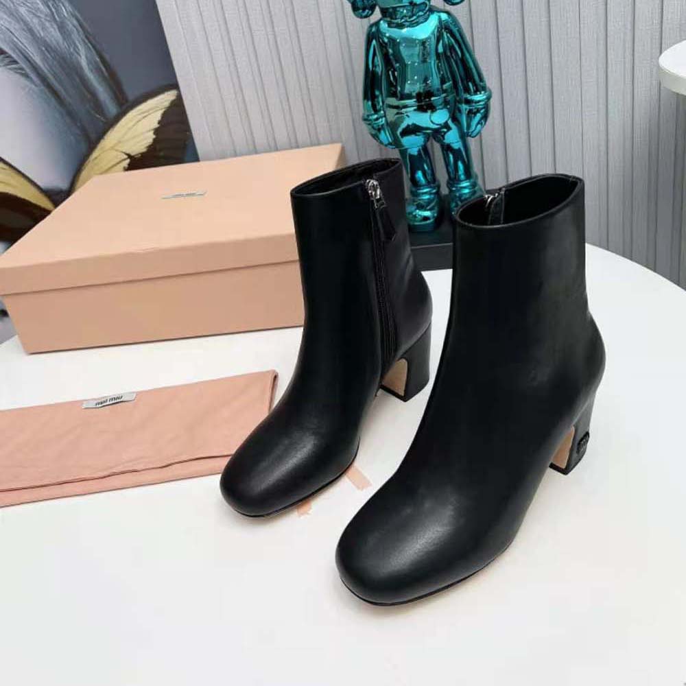 Miu Miu Women Leather Booties with Metal Lettering Logo-Black - image 4