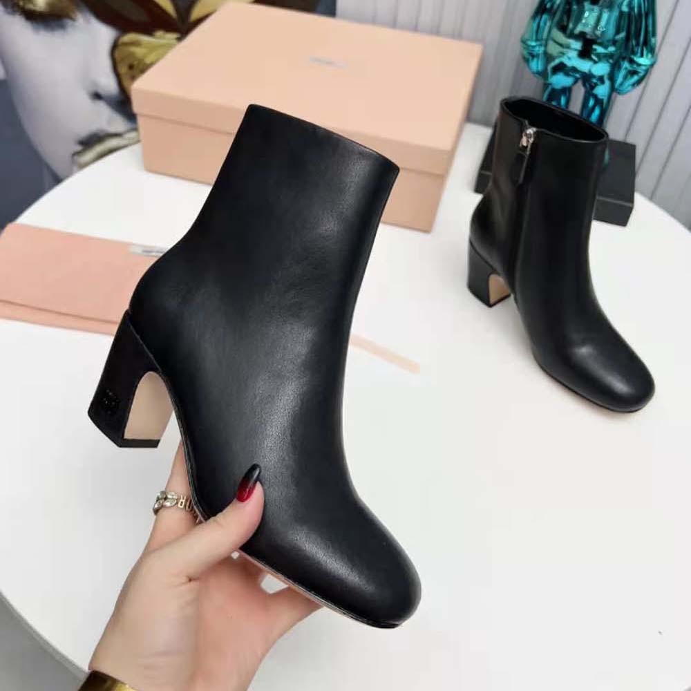 Miu Miu Women Leather Booties with Metal Lettering Logo-Black - image 5