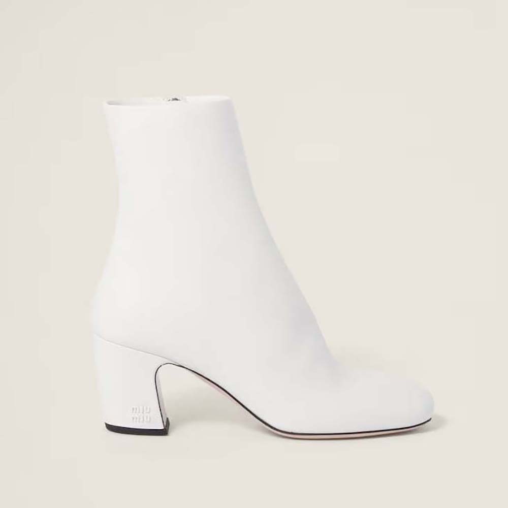 Side view of Miu Miu Women Leather Booties with Metal Lettering Logo-White