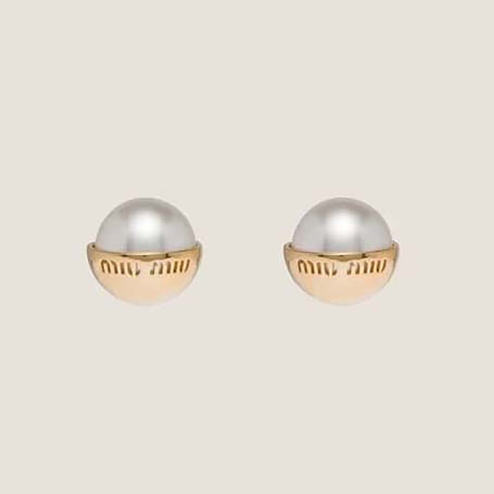 Front view of Miu Miu Women Metal and Pearl Earrings showing gold-tone finish
