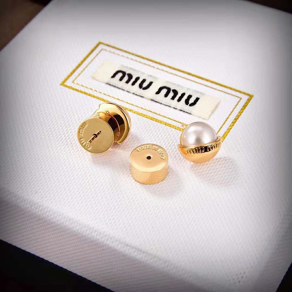 Side angle of Miu Miu Women Metal and Pearl Earrings highlighting push-back closure