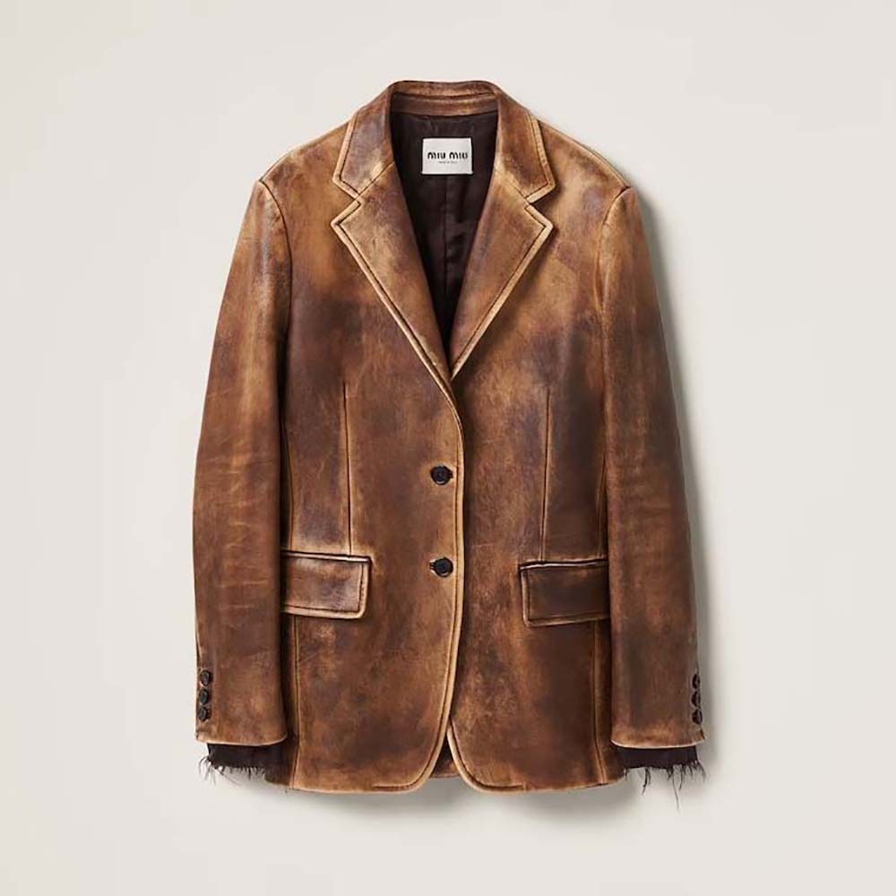 Front view of Miu Miu Women Nappa Leather Jacket with Hot-stamped Logo in brown
