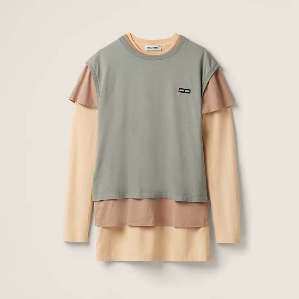 Front view of Miu Miu Women Set of 3 Jersey T-shirts with Logo Patch in gray