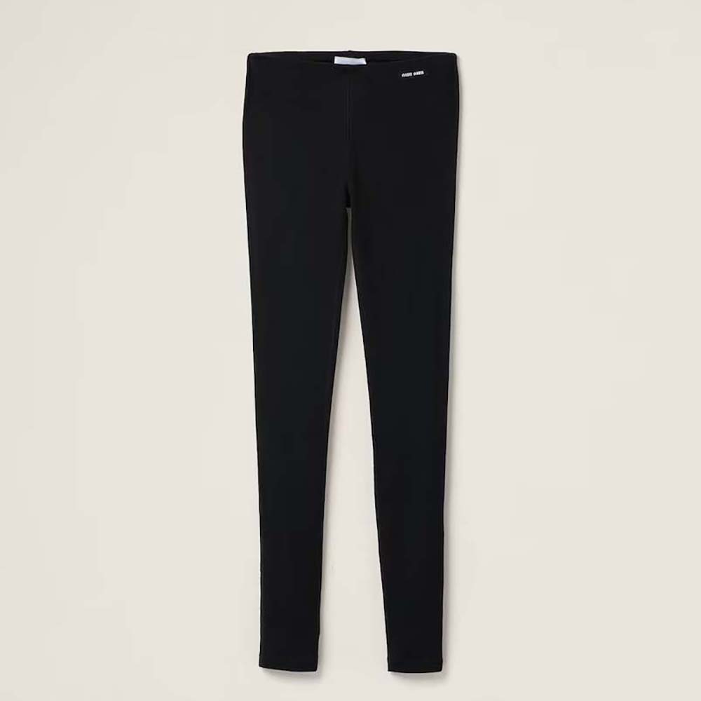 Front view of Miu Miu Women Silk Jersey Pants with Logo Patch-Black