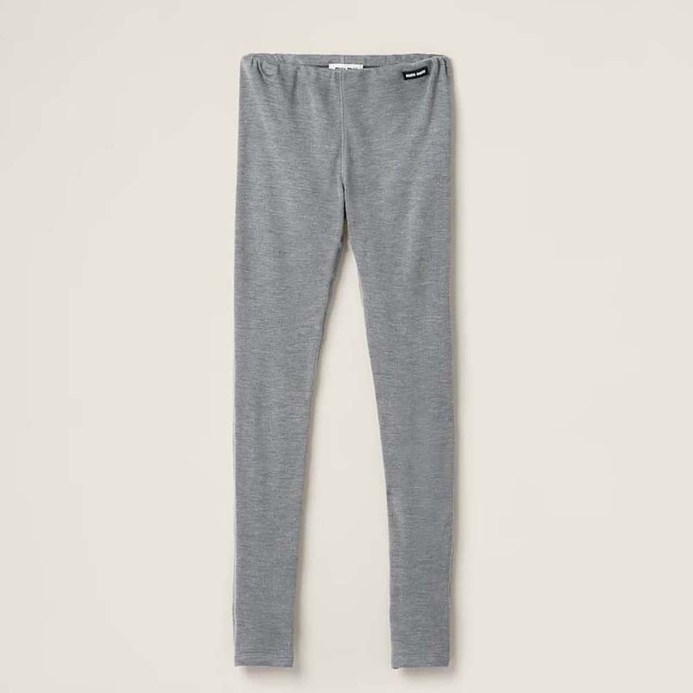 Front view of Miu Miu Women Silk Jersey Pants with Logo Patch-Gray