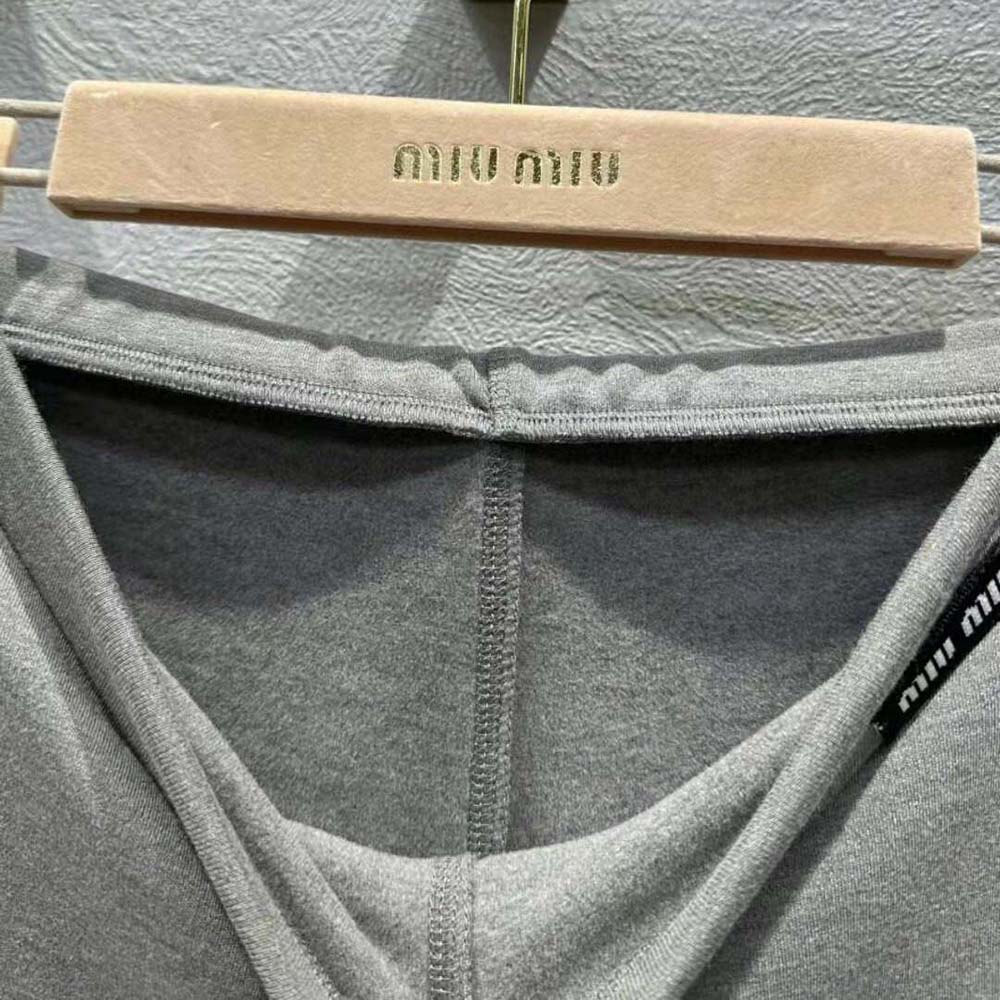 Miu Miu Women Silk Jersey Pants with Logo Patch-Gray - image 8