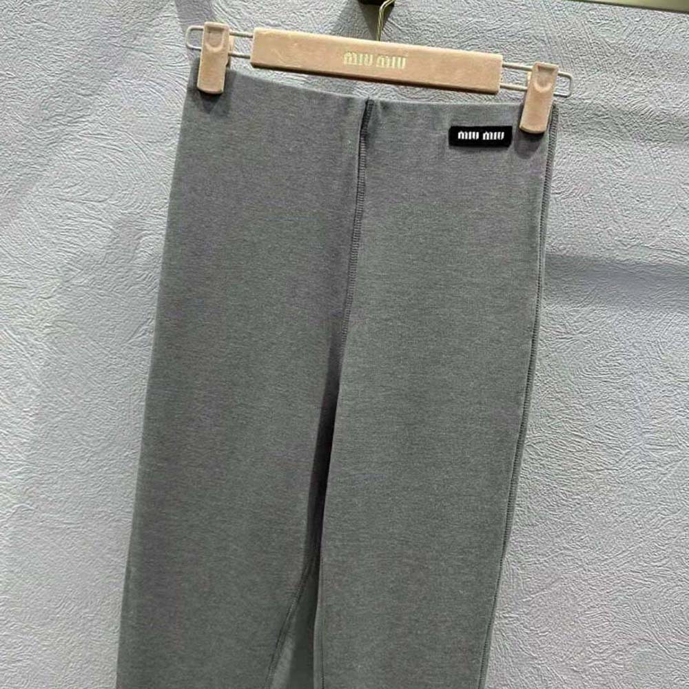 Miu Miu Women Silk Jersey Pants with Logo Patch-Gray - image 4