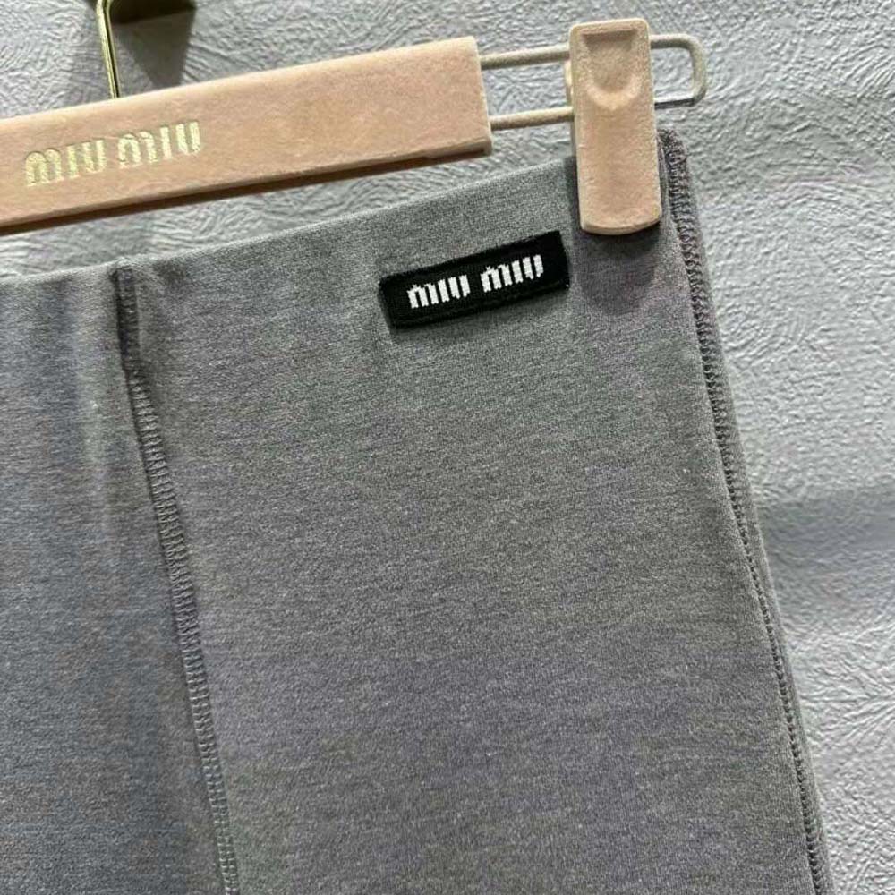 Miu Miu Women Silk Jersey Pants with Logo Patch-Gray - image 6