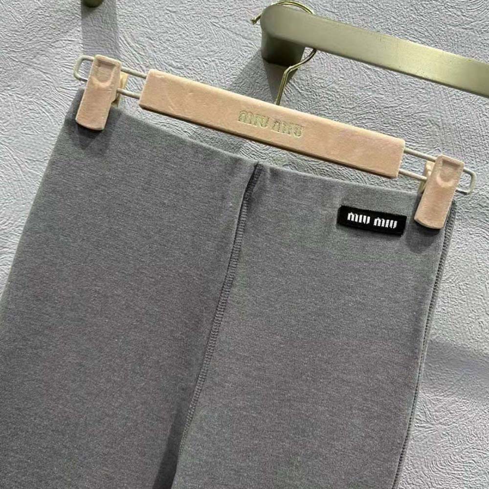 Miu Miu Women Silk Jersey Pants with Logo Patch-Gray - image 5
