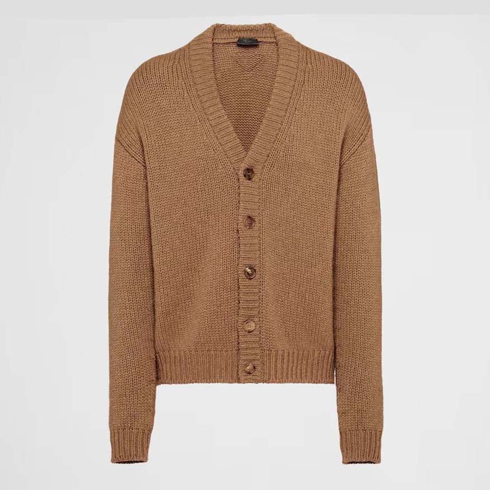 Front view of Prada Women Camel Hair Cardigan with Knit Triangle Logo in brown