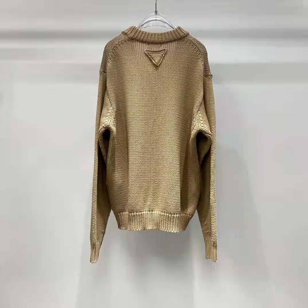 Side angle showing button closure on brown Prada Women Camel Hair Cardigan
