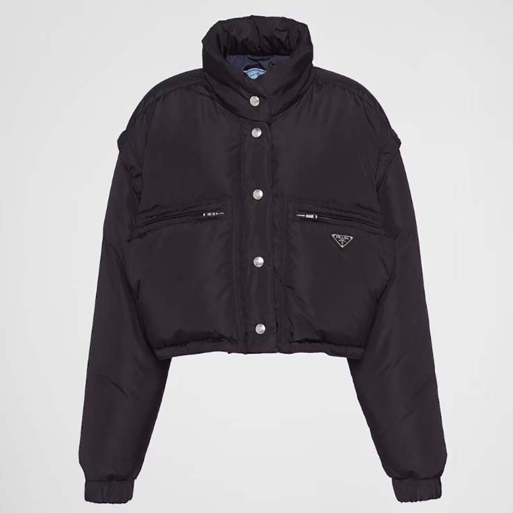 Front view of Prada Women Cropped Re-Nylon Down Jacket-Black zipped up
