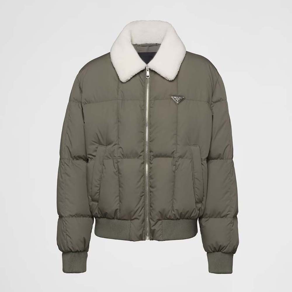 Front view of Prada Men Cropped Technical Cotton Down Jacket in dark green