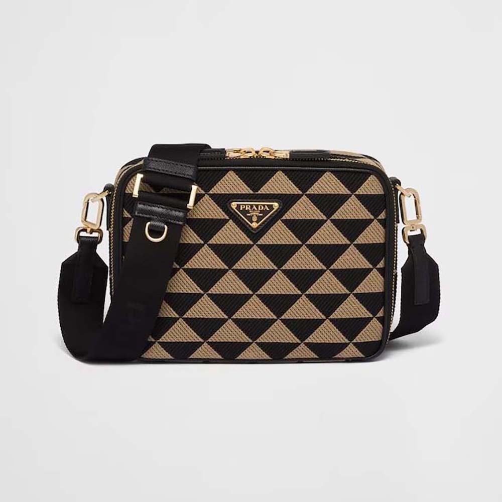 Front view of Prada Men Symbole Embroidered Fabric Bag-Beige/Black with flap closed
