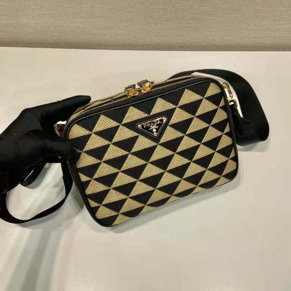 Prada Men Symbole Embroidered Fabric Bag-Beige/Black - image 4