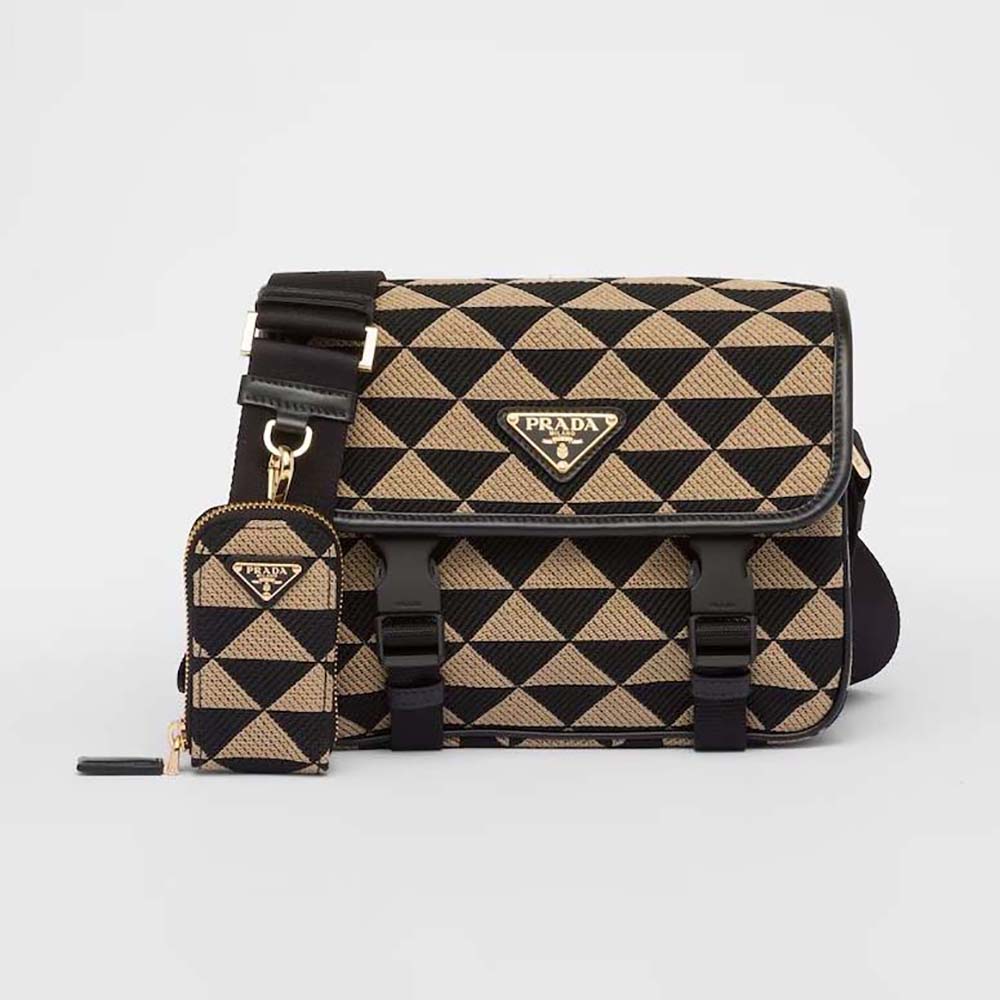 Front angle of Prada Men Symbole Embroidered Fabric Bag-Black/Beige