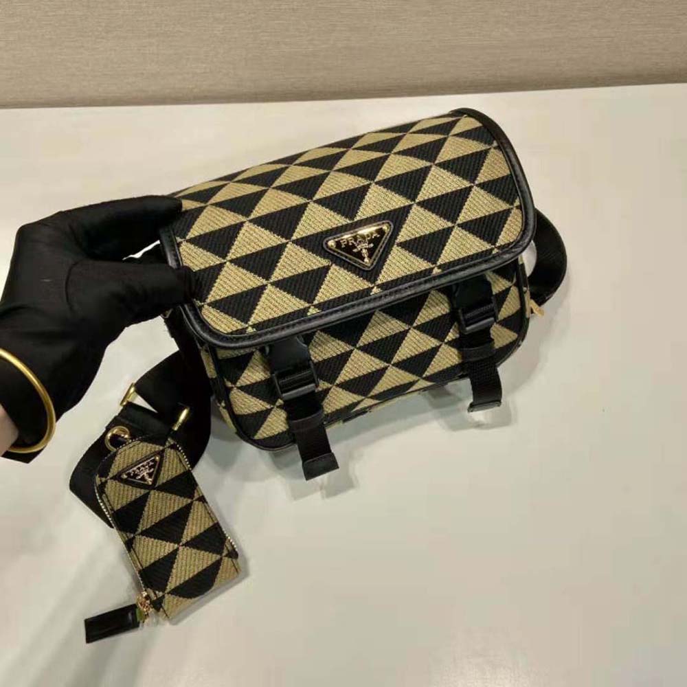 Prada Men Symbole Embroidered Fabric Bag-Black/Beige - image 4