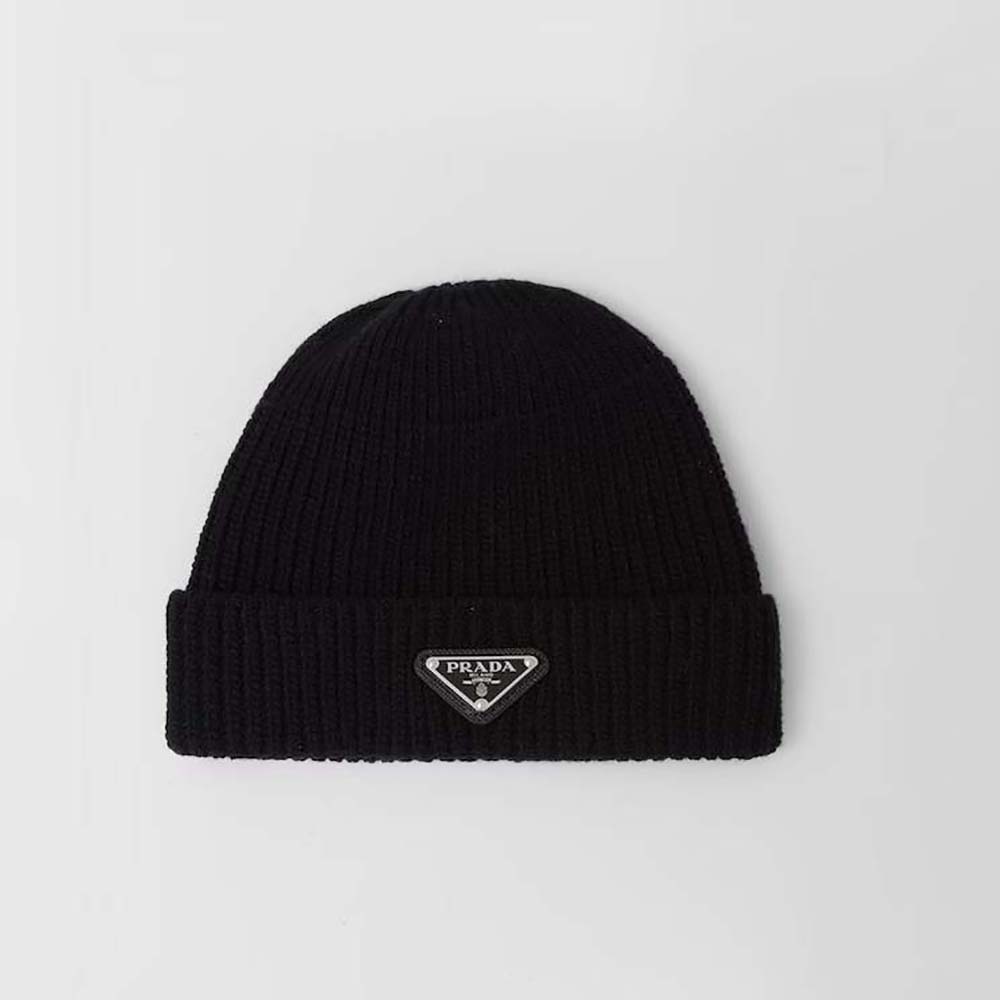 Front view of Prada Unisex Wool and Cashmere Beanie-Black with logo detail