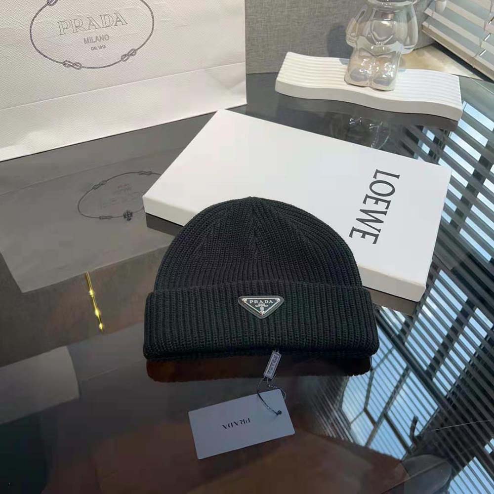 Side angle showing shape and fit of Prada Unisex Wool and Cashmere Beanie-Black