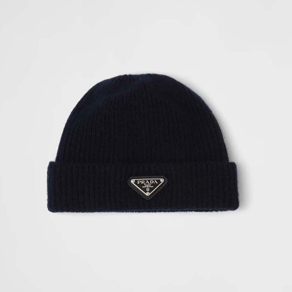 Front view of Prada Unisex Wool and Cashmere Beanie-Navy in black
